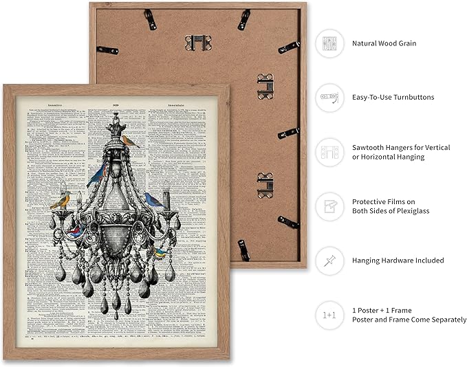 Poster Master Dictionary Art Poster - Antique Chandelier Print - Bird Art - Baroque Art - Gift for Men & Women - Chic Decor for Living Room, Dining Room, Bedroom or Kitchen, 16x20 Beige Framed