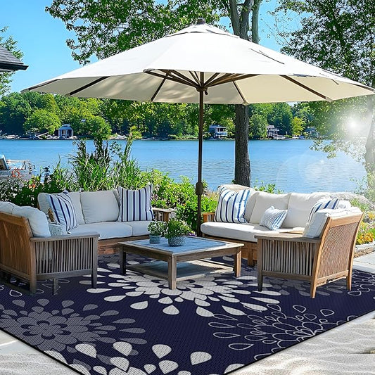 Wallona Outdoor Rugs 5x8 ft Patio Waterproof Clearance Indoor Outdoor Carpet for Patio Plastic Straw Reversible Area Rugs Mat for RV, Camping, Balcony, Beach, Picnic, Porch, Flower Blue & White