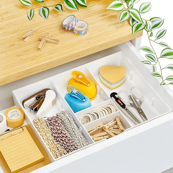 CAXXA 3 Slot Drawer Organizer with 4 Adjustable Dividers - Drawer Storage 7 Compartments Junk Drawer Organizer for Office Desk Supplies and Accessories, White