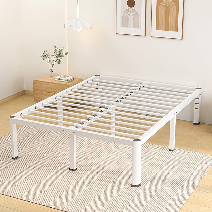 18 Inch Full Size Metal Bed Frame with Round Corners, Storage Space Under High Bed Frame-Heavy Duty Steel Slats Support, Noise Free - Easy Assembly - No Box Spring Needed,White