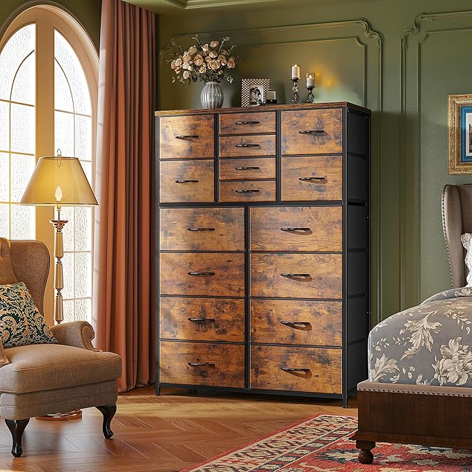 57“H Tall Dresser for Bedroom with 16 Drawers,Fabric Dressers & Chests of Drawers for Bedroom,Large Dresser for Closet,Sturdy Metal Frame & Wood Top,Entryway, Hallway(Rustic Brown)