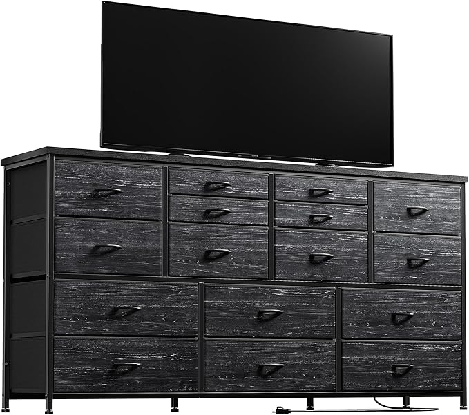 EnHomee Dressser for Bedroom Dresser with 16 Drawers TV Stand for Bedroom for 60" TV Long Dressers & Chests of Drawers Large Dresser with Charging Station, 51.5" W*11.7" D*34.6" H, Charcoal Black