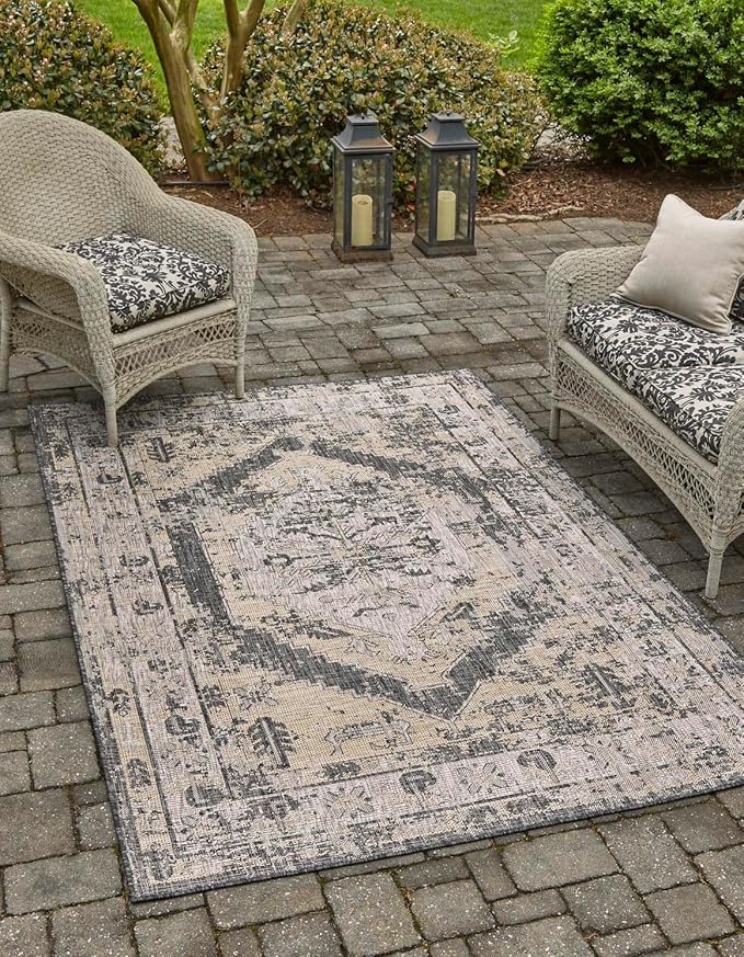 Unique Loom Outdoor Traditional Collection Area Rug - Valeria (10' x 13' 1" Rectangle, Charcoal/ Natural)