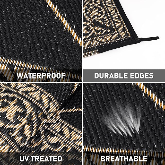 Outdoor Rug 8'x10' for Patios Waterproof Patio Rugs Outdoor Mats for Front Porch,Beach Mat,Reversible Plastic Straw Camping Rugs for Outside RV,Deck,Balcony,Backyard，Black&Beige
