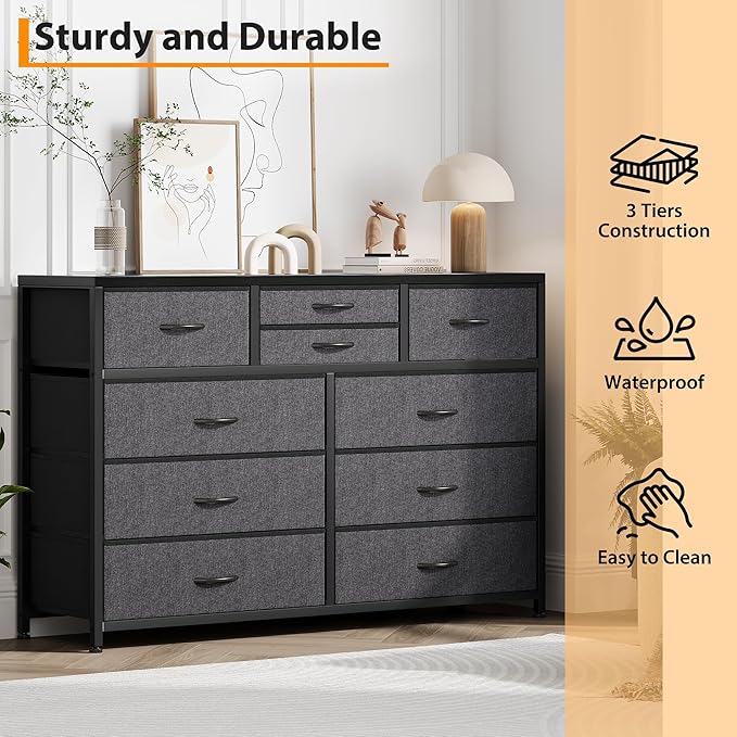 Jojoka Wide 10 Drawer Dresser,TV Stand Entertainment Center Fabric Storage Dressers Drawers for Bedroom, Hallway, Nursery, Closets, Steel Frame, Wood Top, Black_1
