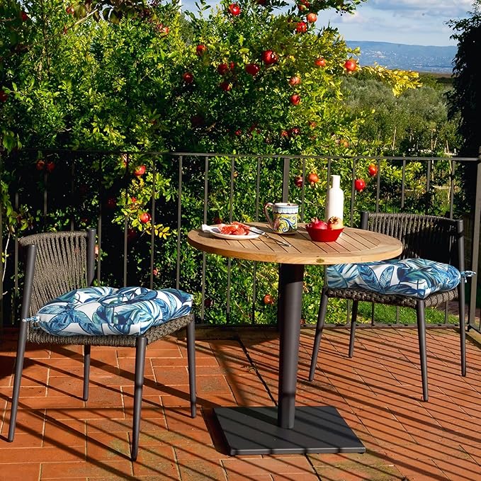 Set of 2 Outdoor Tufted Chair Cushions 19"x19"x4", Water Repellent Patio Seat Cushions with Ties, Replacement Chair Pads for Wicker Dining and Patio Furniture - Leaves Ink Blue