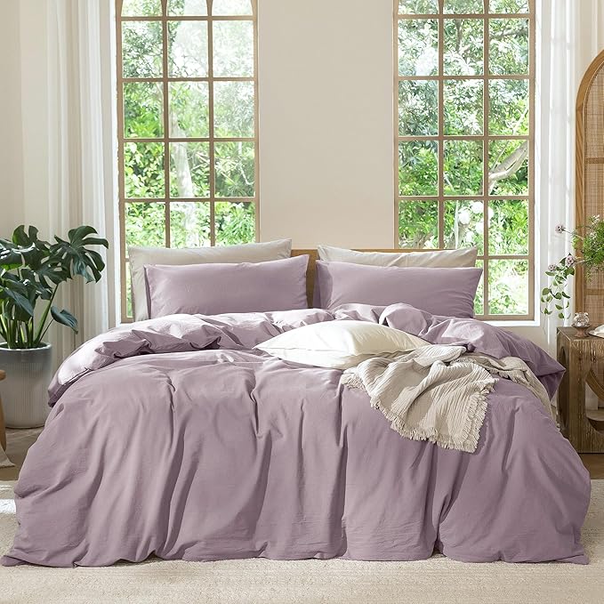 MooMee Bedding Duvet Cover Set 100% Washed Cotton Linen Like Textured Breathable Durable Soft Comfy (Solid Taro Purple, Super King Plus 120"x120")