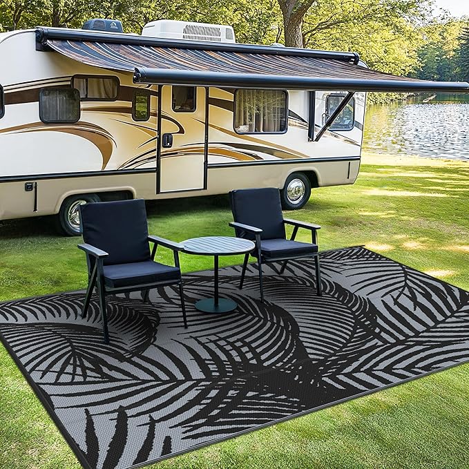 GENIMO Outdoor Rug 6' x 9' Waterproof for Patio Clearance, Reversible Plastic Straw Camping Carpet, Lightweight Mats for Rv, Backyard, Deck, Porch, Picnic, Beach, Balcony, Mix-Black & Gray