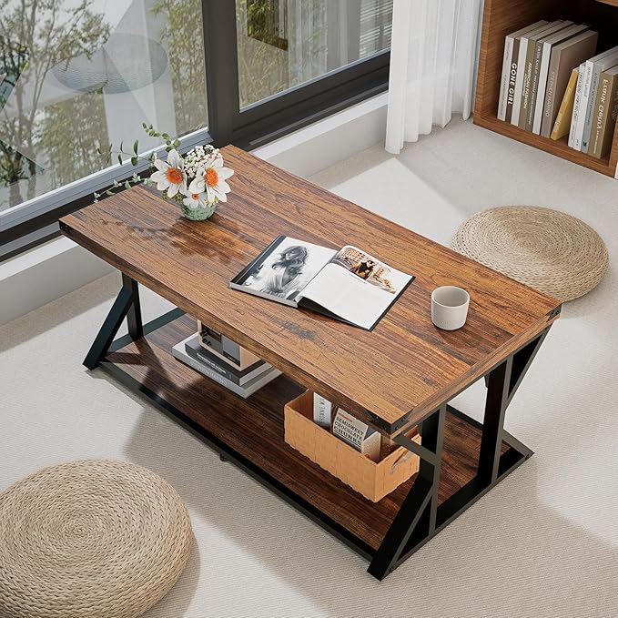 43” Industrial Coffee Table, 2-Tier Farmhouse Center Table with Storage Shelf, Angle Iron Top & Metal Frame, Living Room Cocktail Table, Rustic Brown