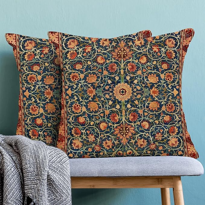Boho Floral Pillow Covers 18x18 Set of 2, William Morris Flower Pattern Design Decorative Throw Pillows Bohemian Vintage Farmhouse Cushion Pillow Covers for Sofa Couch Bed Outdoor Decor
