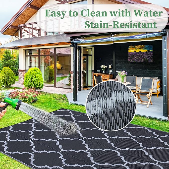 Ogrmar 5x8 FT Reversible Mats, Outdoor Rug for Patio Clearance, Waterproof Carpet, Plastic Straw Rug for Indoor Outdoor, Floor Mat&Rug for RV Porch Camping Backyard Deck Balcony Beach Trailer (Black)