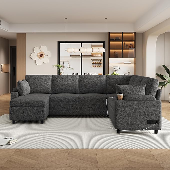 Ball & Cast 109.9" Sectional Sofa with Pull Out Bed, Chenille Upholstered Sleeper Sofa bed with Storage Chaise, Convertible U Shaped Couch with Two Cup Holders and Charging Ports for Living Room, Grey