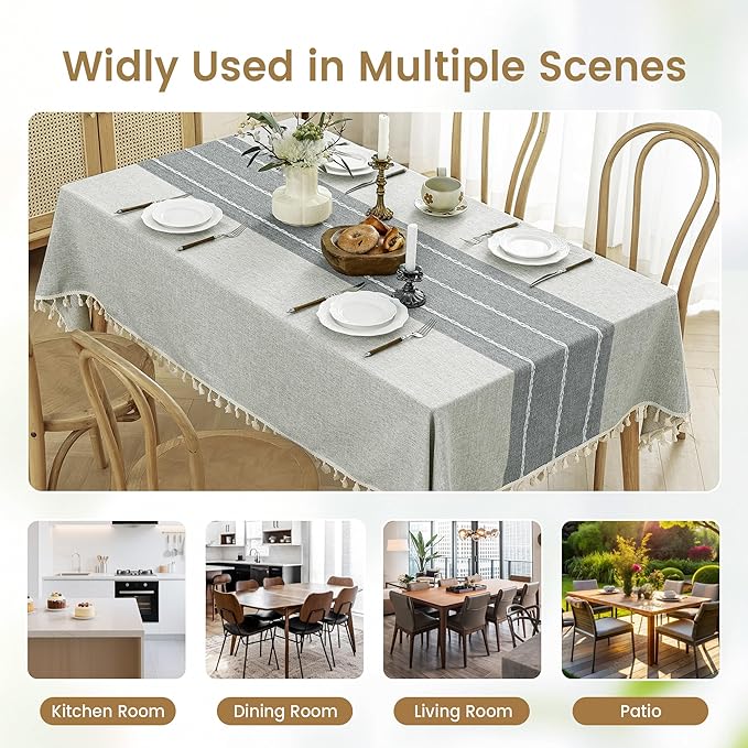 puredown® Rustic Square Tablecloth, Waterproof Cotton Linen Tablecloth with Tassel, Wrinkle Free Farmhouse Table Cloths for Kitchen Dining Outdoor, 55"x55",4 Seats, Gray
