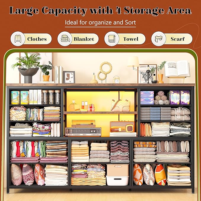 Dresser with LED Lights & Power Outlets, 12 Drawers Dresser TV Stand for 60''TV for Bedroom Fabric Dressers & Chest of Drawers, Sturdy Metal Frame for Closet, Living Room,Hallway, Rustic Brown