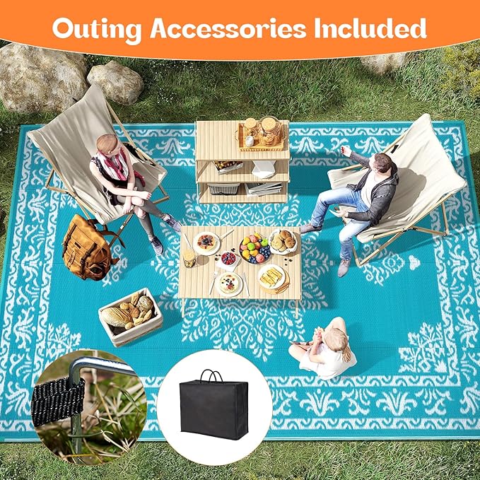 Yamaziot Outdoor Rug 8x10 Ft, Waterproof Plastic Straw Patio Rug, Reversible Backyard Carpet UV Resistant Portable RV Mat Clearance, Large Indoor Outdoor Rug for Patio, Porch, Deck, Balcony, Teal
