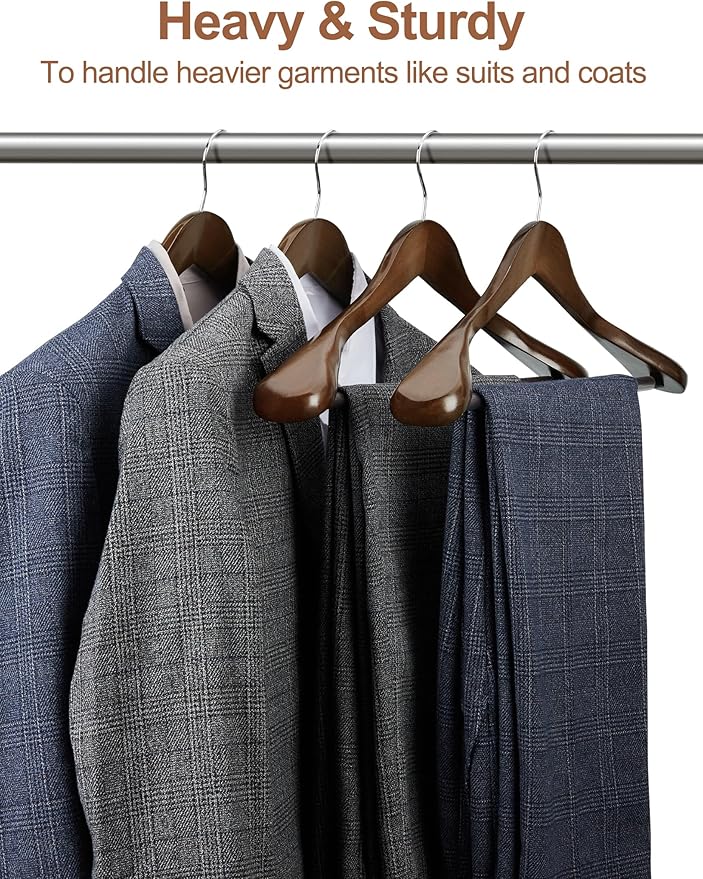 HOUSE DAY Wide Shoulder Wooden Hangers 12 Pack, Wood Suit Hangers for Men with Non Slip Pants Bar, Smooth Finish Solid Wood Coat Hanger for Jacket, Pants, Dress, Heavy Clothes Hanger (Walnut)