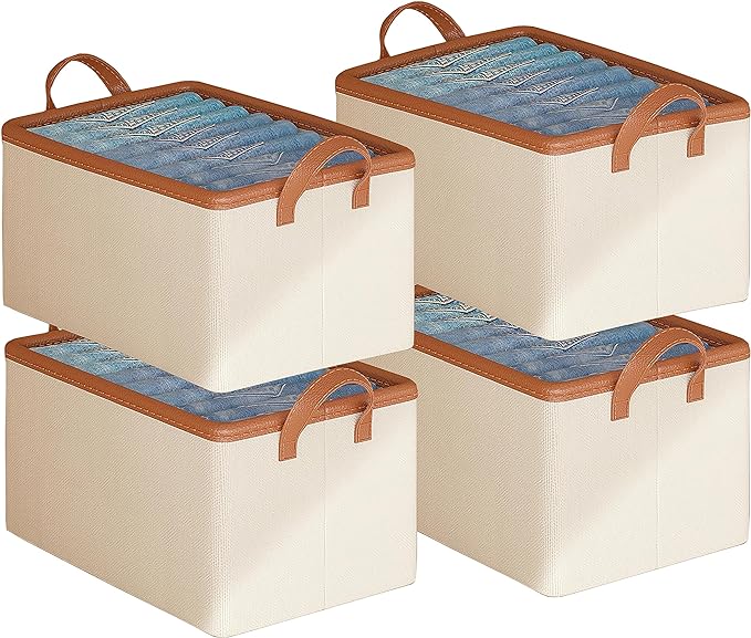 AARAINBOW 4 Pcs Closet Clothes Organizer with Handle, Fabric Storage Bin with Steel Frame Closet Shelf Box Stackable Shelf Storage Baskets Foldable Wardrobe Storage Box for Cltohes Toys, 20L (4 White)
