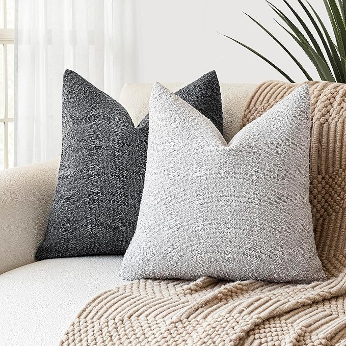 Foindtower Pack of 2 Textured Boucle Throw Pillow Covers Accent Solid Decorative Pillow Cases Cozy Woven Couch Cushion Case for Chair Sofa Bedroom Living Room Home Decor, 18 x 18 Inch,Light Grey