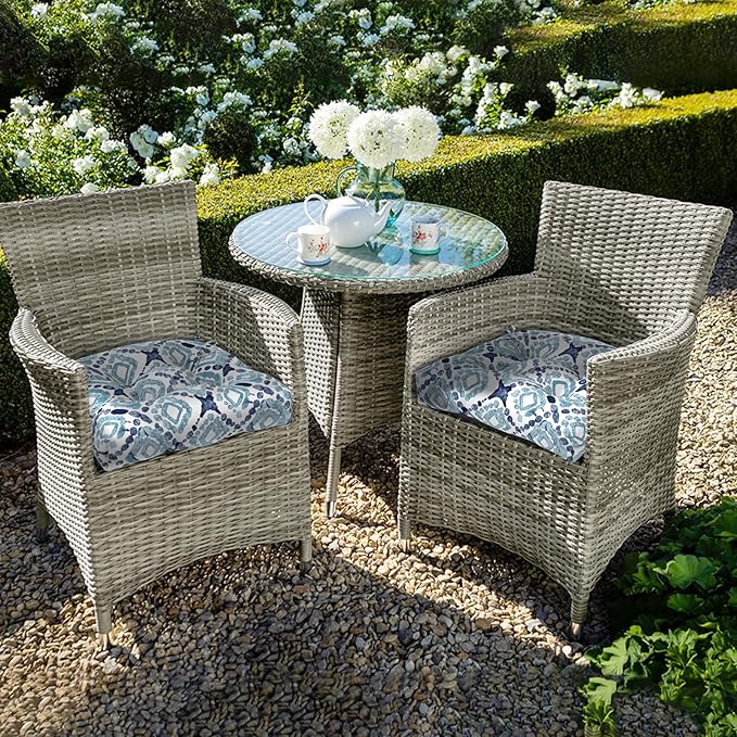 Set of 2 Outdoor Tufted Chair Cushions 19"x19"x4", Water Repellent Patio Seat Cushions with Ties, Replacement Chair Pads for Wicker Dining and Patio Furniture - Boho Geometry Blue