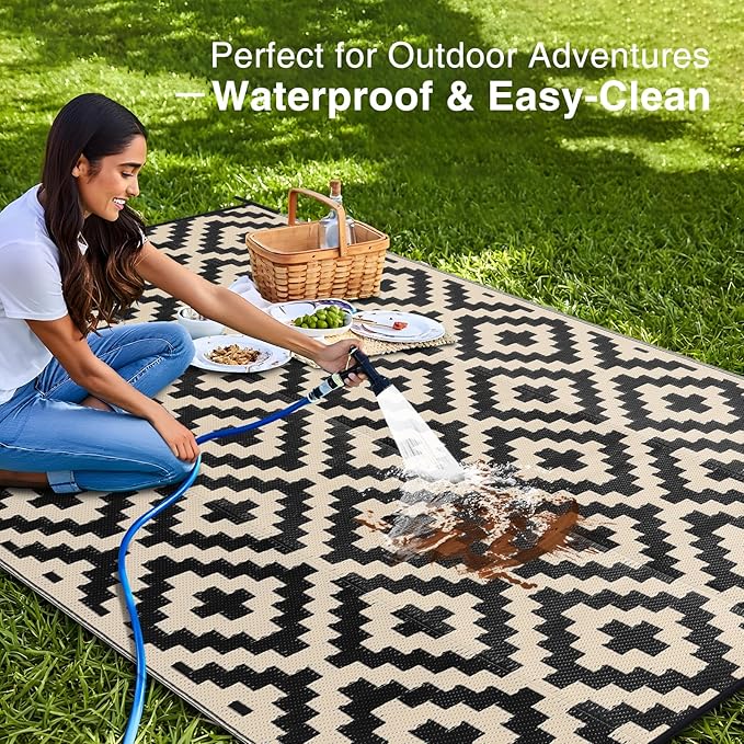 OLANLY Waterproof Outdoor Rug 8x10 ft, Outdoor Plastic Straw Rug for Camping, RV Mat Outside, Outdoor Carpet for Porch, Deck, Backyard, Balcony, Picnic, Black & Beige