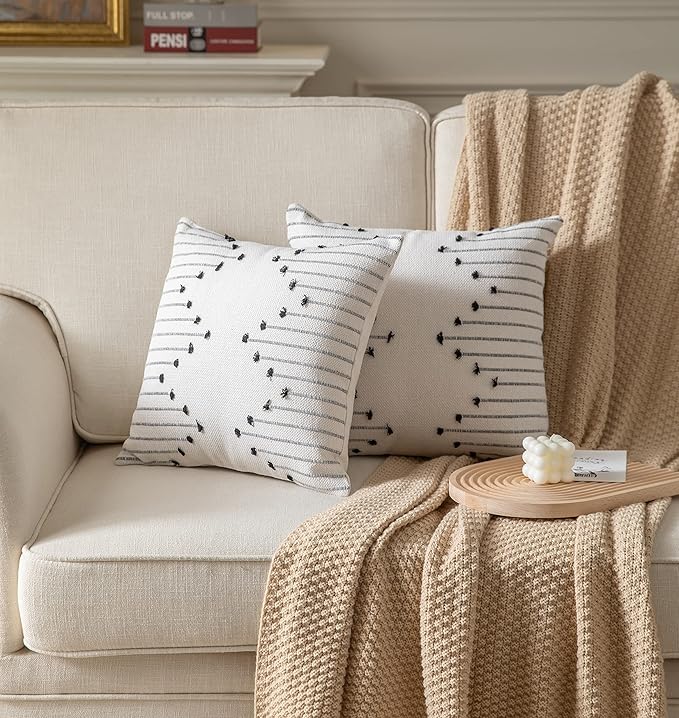 Caflife Boho Throw Pillow Covers 22x22 Set of 2 Decorative Pillows for Bed Sofa, Neutral Beige with Black Pillow Covers, Modern Farmhouse Home Decor Couch Pillow Cases