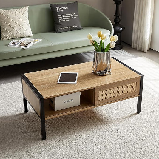 Rattan Coffee Table 40.16" Mid Century Modern Coffee Table with Storage, Farmhouse Rectangle Wooden Accent Center Sofa Table with Rattan Sliding Door for Living Room (Natural)