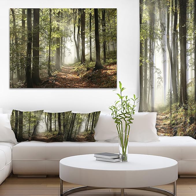DesignArt Oversized Canvas Wall Art Décor - Green Fall Forest with Sun Rays - Forest Nature Wall Art Decor Sunshine Through Forest and Road Canvas Pictures - 30" x 40"