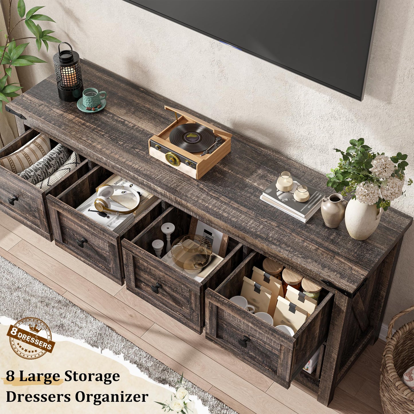 Romorgniz Farmhouse Dresser Dark Oak with 8 Drawers,Wood,Wide,Long,TV Stand for Bedroom Entryway Hallway