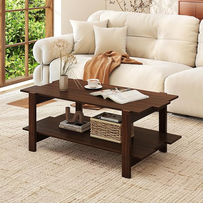 GOFLAME Wood Coffee Table with Storage, 2-Tier Irregular Center Table with Open Storage Shelf, Modern Accent Tea Table for Living Room, Home Office, Reception Room (Walnut)