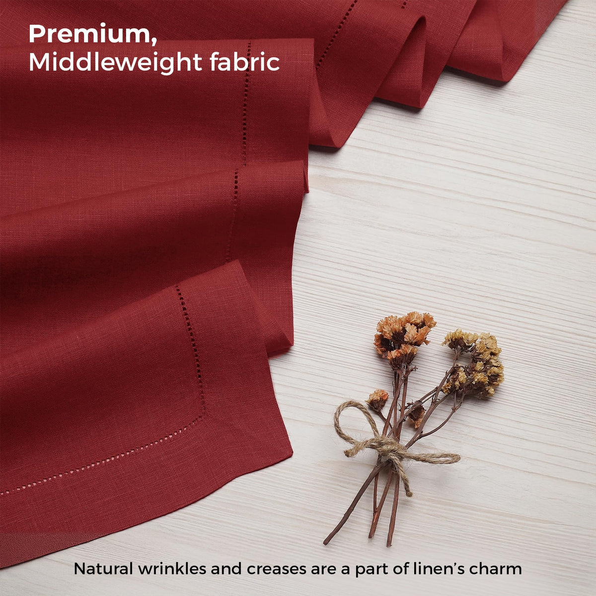 D'Moksha Homes Linen Red Table Runner 36 Inches - 100% Pure Linen Small Table Runner 14 x 36 Inch Ideal for Dresser, Coffee Tables, Fall and Halloween - Classic Hemstitch - Classic Hemstitch