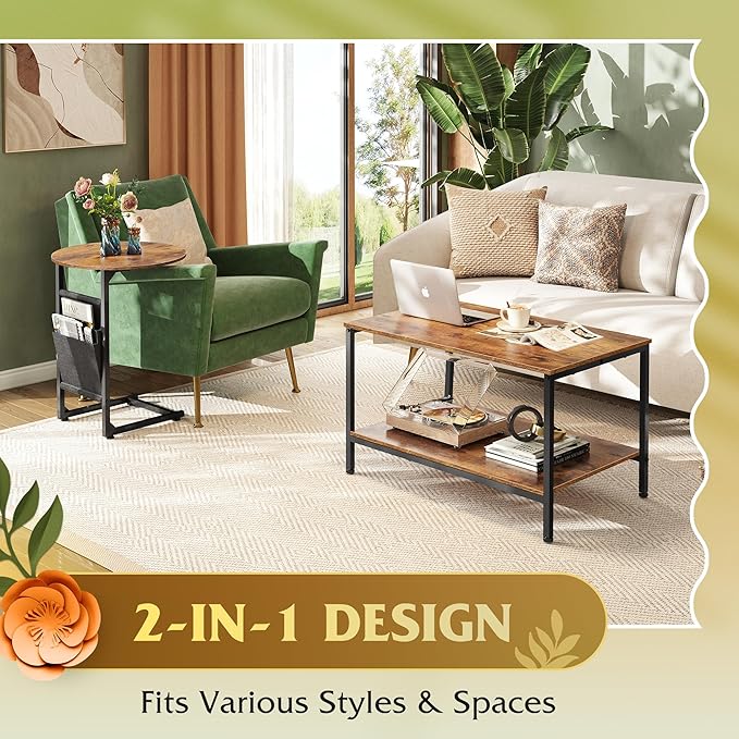 WLIVE Coffee Table, 31.3" and 18.7" Small Coffee Tables for Living Room, Modern Center Table and Side Table Set with Storage Side Pouch for Bedroom, Apartment, Rustic Brown