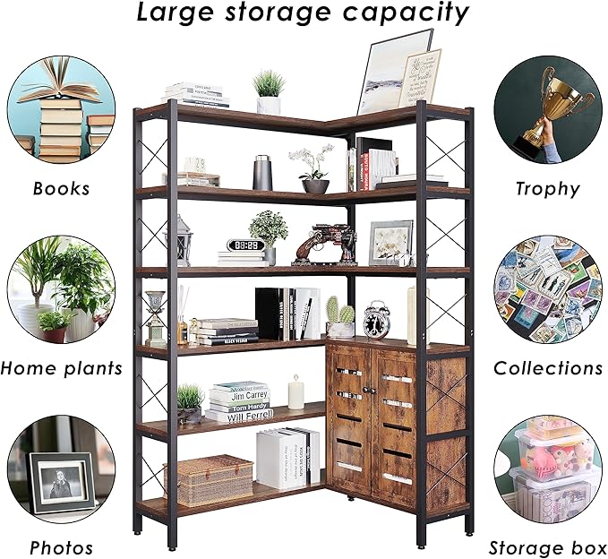 Corner Bookshelves and Bookcases Industrial Corner Etagere Bookcase L Shaped Shelf 6 Tiers with Metal Frame for Living Room Home Office