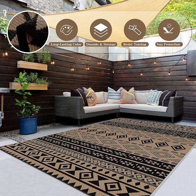 Wallona Outdoor Rugs 5x8 ft Patio Waterproof Clearance Indoor Outdoor Carpet for Patio Plastic Straw Reversible Area Rugs Mat for RV, Camping, Balcony, Beach, Picnic, Porch, Boho Black & Brown