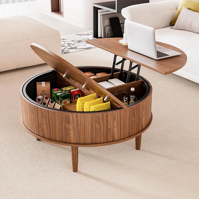 Round Fluted Lift Top Coffee Table with Storage, Mid Century Modern Coffee Table for Living Room, Home Small Space,31.5" Fluted Center Table (Brown, 31.5inch)