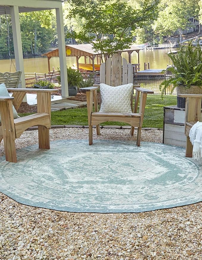 Unique Loom Outdoor Traditional Collection Area Rug - Valeria (3' 3" Round, Aqua/ Ivory)