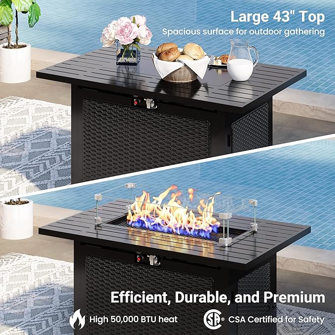 8 Pieces Outdoor Patio Furniture Set with 43" Fire Pit Table, Wicker Outdoor Patio Sectional Sofas Coffee Table, All-Weather Patio Conversation Set with Cushions for Garden Backyard, Navy Blue