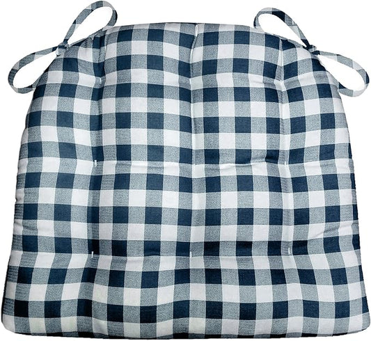 Barnett Home Decor Classic Check Navy Blue Dining Chair Pad with Ties - 19 x 19 Size Large Chair Cushion - Latex Foam Fill - Machine Washable, Reversible, 100% Cotton Plaid, Made in USA