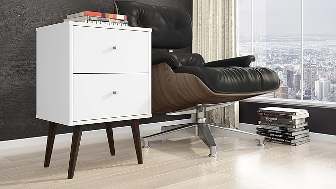 Manhattan Comfort Liberty Mid Century Modern Nightstand with Drawers, Bedside Table for Bedroom and Living Room, Night Stand Accent Decor, Easy Assembly, White