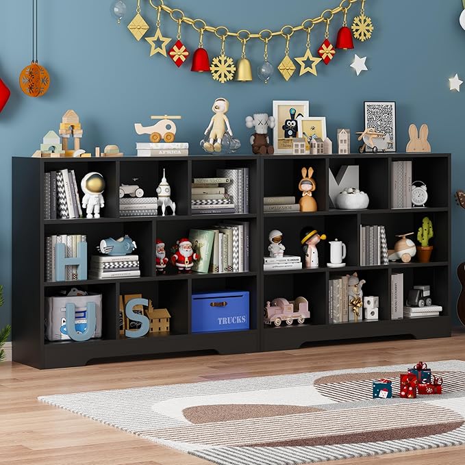 Kids Book Shelf Set of 2, 8 Cubes Storage Organizer Montessori Shelf, 3-Tier Wooden Kids Bookcase, Toy Storage Organizer for Children, Black Toddler Bookshelf Cube Shelf for Kid’s Room, Classroom