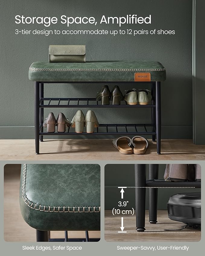 VASAGLE EKHO Collection - Shoe Rack Bench, Storage Bench for Entryway, Synthetic Leather with Stitching, Mid-Century Modern, Loads 300 lb, 11.8 x 31.5 x 19.7 Inches, Forest Green ULSB054C01