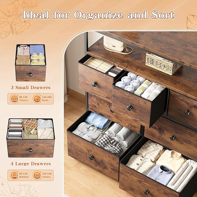 EnHomee Tv Stand for Bedroom with 7 Fabric Dressers and 2 Shelves，Dressers & Chests of Drawers for Closet，Hallway，Entryway，Dormitory，Clothes Storage，Rustic Brown