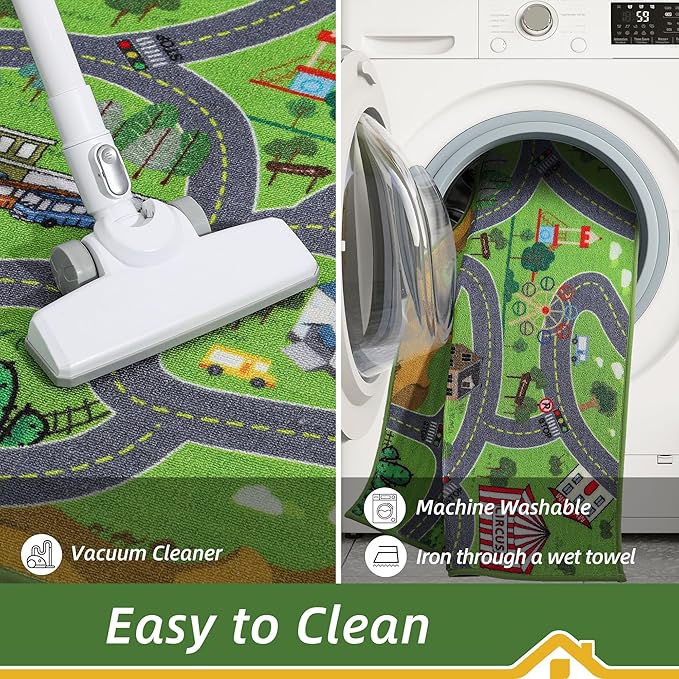 BEQHAUSE Kids Play Mat, Green City Map Race Track Children Rugs Great for Playing with Cars, 32”x60” Play Area Rug Road Rugs for Kids Bedroom, Toddler Classroom and Baby Playroom