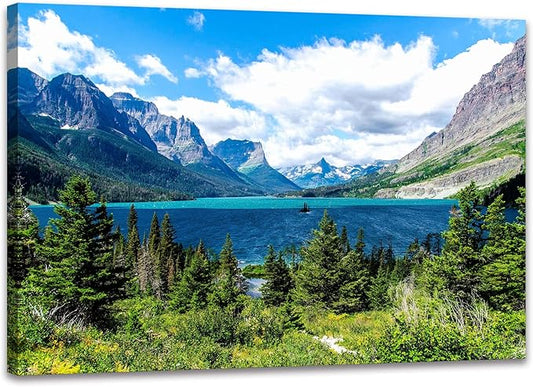SKASNFAI Glacier National Park Wall Art Lake Mountains Pictures Framed Canvas Prints Artwork for Living room Bedroom Office Ready to Hang (16x24 inch)