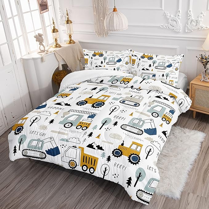 Kids Cartoon Excavator Bedding Set - Construction Truck Bulldozer Tree Pattern Comforter Set with 2 Pillowcases and 1 Comforter (Queen Size)