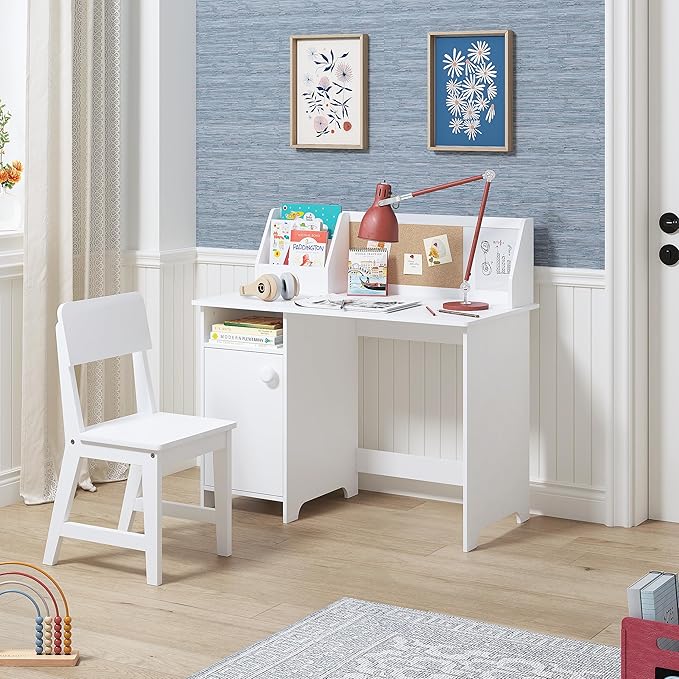 UTEX Kids Study Desk with Chair, Wooden Children School Study Table with Hutch and Chair for 3-8 Years Old, Student's Study Computer Workstation & Writing Table for Home School Use