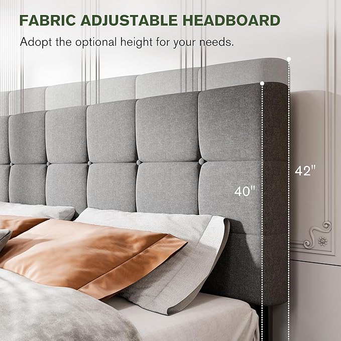MUTICOR Full Size Bed Frame with 4 Storage Drawers, Upholstered Platform Bed with Button Tufted Adjustable Headboard, No Box Spring Needed, Easy Assembly, Square Tufted, Light Grey Fabric