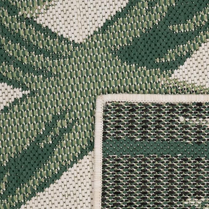 Tropical Outdoor Rug Palm Tree & Jungle Design Flatweave in Green Beige, Size: 5'3" x 7'7"