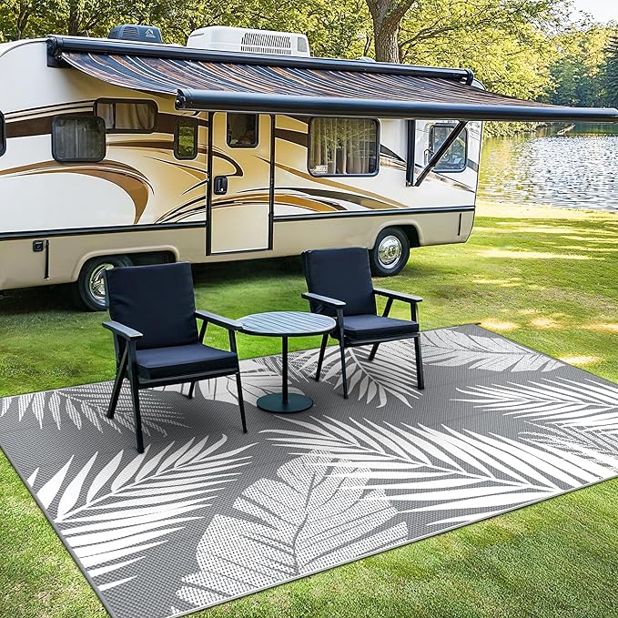 Outdoor Rug 8’x10’ Waterproof for Patio Clearance, Reversible Indoor Outdoor Plastic Straw Camping Rug Carpet, RV Mat, Large Area Rug for Deck, Backyard, Balcony, Porch, Beach, Grey & White