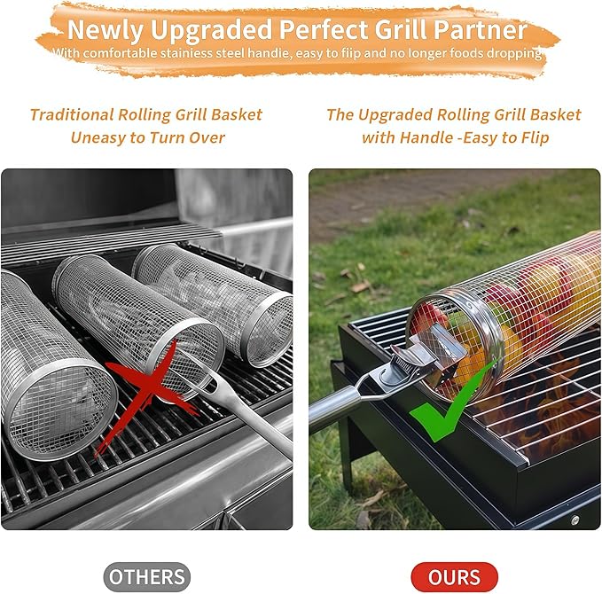 Rolling Grill Baskets (2PCS), 304 Stainless Steel, Silver, Round, Perfect for Veggies, Shrimp, Meats, Father's Day Gift