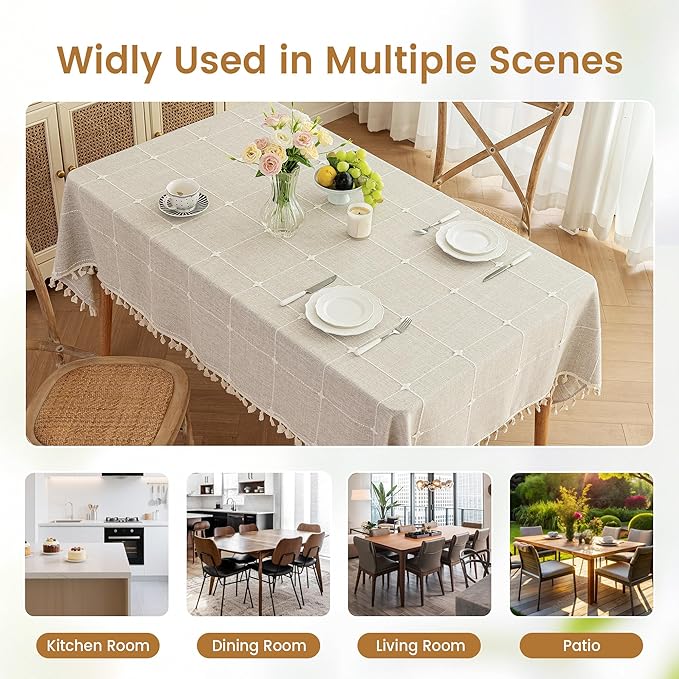 puredown® Plaid Rectangle Tablecloth, Waterproof Cotton Linen Tablecloth with Tassel, Rustic Farmhouse Table Cloths for Kitchen Dining Outdoor, 55"x120",10-12 Seats, Coffee